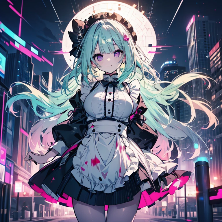 1 person、Mature、Ample breasts、Long Hair、Curly Hair、Mint green hair、Light purple hair、Light blue hair、Mixed color hair、Pink Eyes、Trimmed bangs、Hime cut、Maid clothes、Armament、Goth、Miniskirt、A seductive smile、Battle Scenes、explosion、Blood splatter、City of night、All black outfits、Downtown、Night view、sit、High resolution、Highest quality