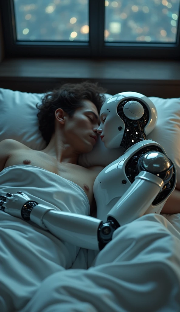 A man is sleeping with a female robot in a bedroom, city.