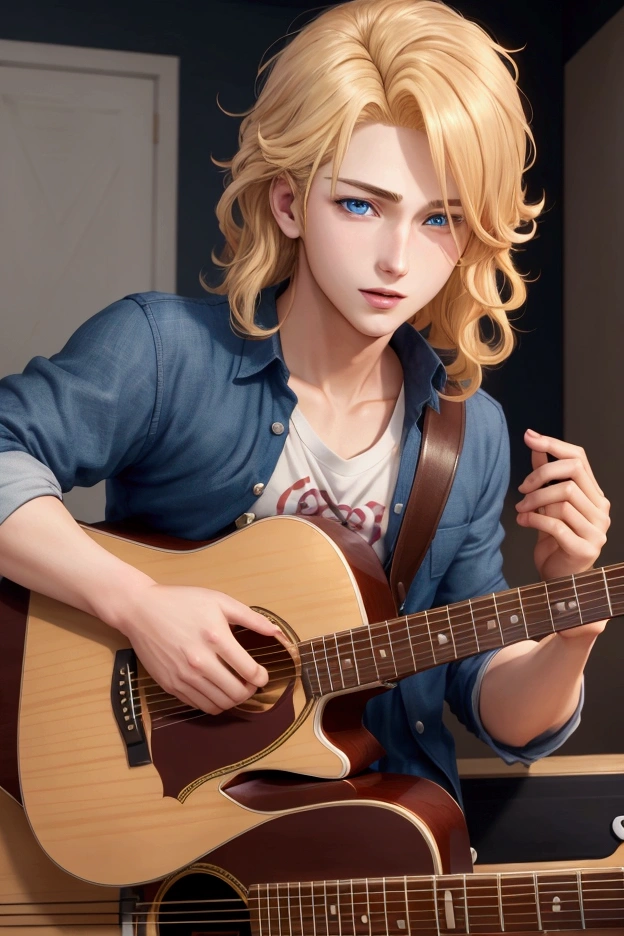 very realistic anime boy high definition a very handsome with golden hair with subtle waves blue eyes, He's very excited playing guitar