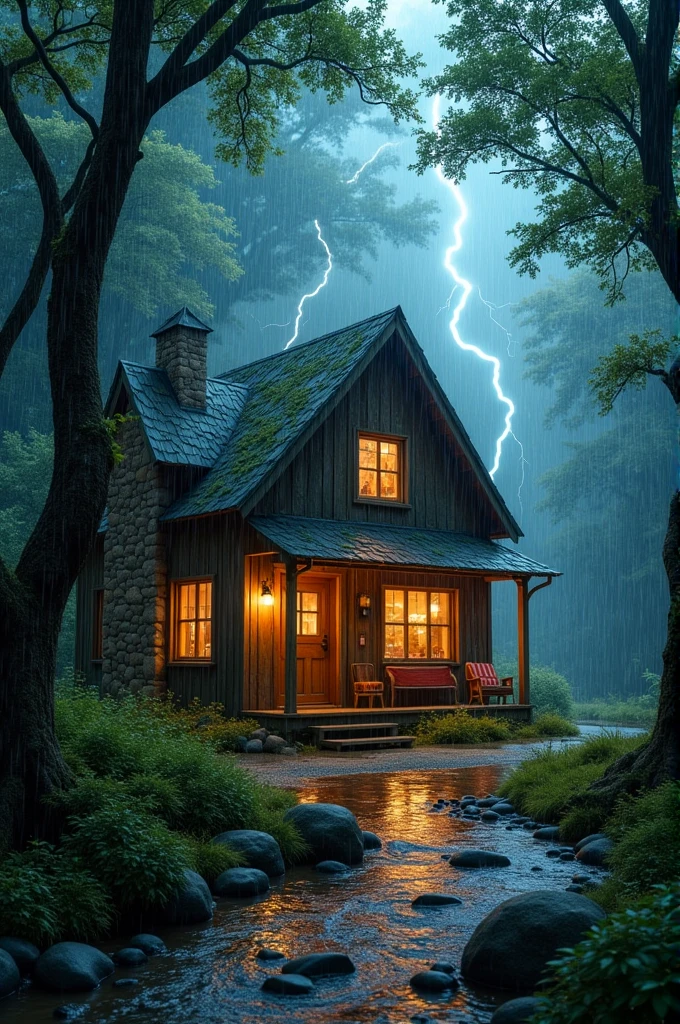 Build a house in the forest with rain and lightning