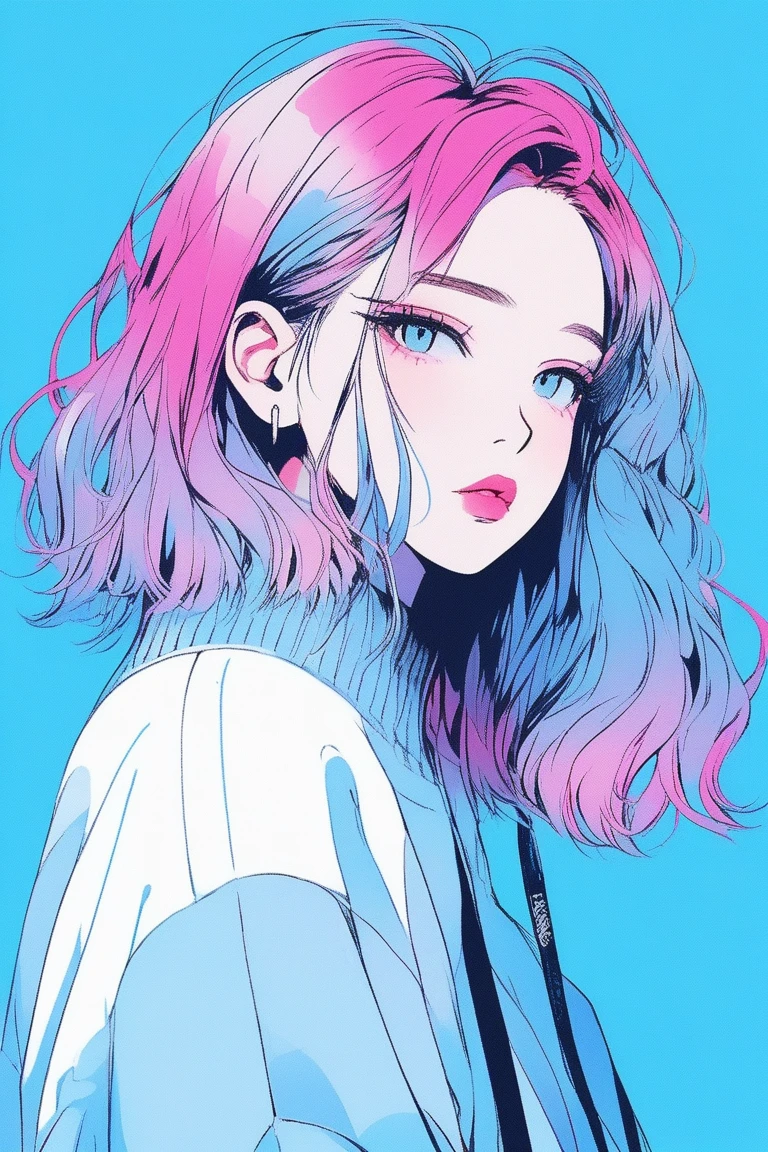 Illustrator, Japanese Manga , practical ,sketch , 1 person, ,lips, sweater,order, Blue gradient background, Neon Hair,Texture Decoration, Canada, (masterpiece,Highest quality) Glycerin