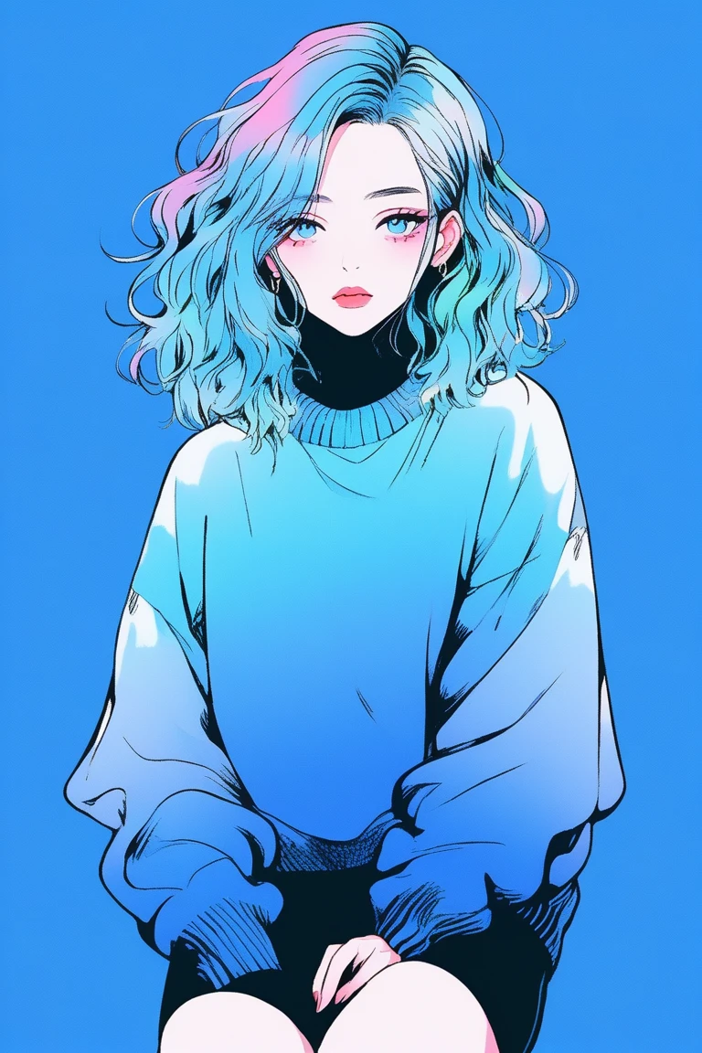 Illustrator, Japanese Manga , practical ,sketch , 1 person, ,lips, sweater,order, Blue gradient background, Neon Hair,Texture Decoration, Canada, (masterpiece,Highest quality) Glycerin