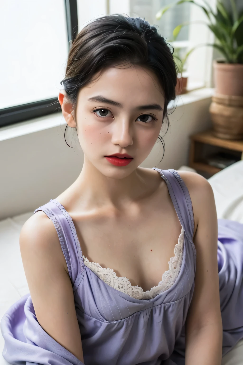 Spread, ((SLEEPING LIE DOWN FEMBOY)), (((SAD FACE EXPRESSION:1.1)), ((NECK LACE)), ((GOTHIC EYELASHES & LIPS)), ((LIPS)), ((MEN'S STYLE SHORTHAIRCUT)), adorable, 1 girl, (face to face), , baby face, happy, half body portrait, (face details: 1), (eye details: 1), ((tiny breasts)). ((Lace V-neck ice silk suspender nightdress)), ((net stockings)), lingerie ((red lips)), lie down (((PURPLE NAKED)))