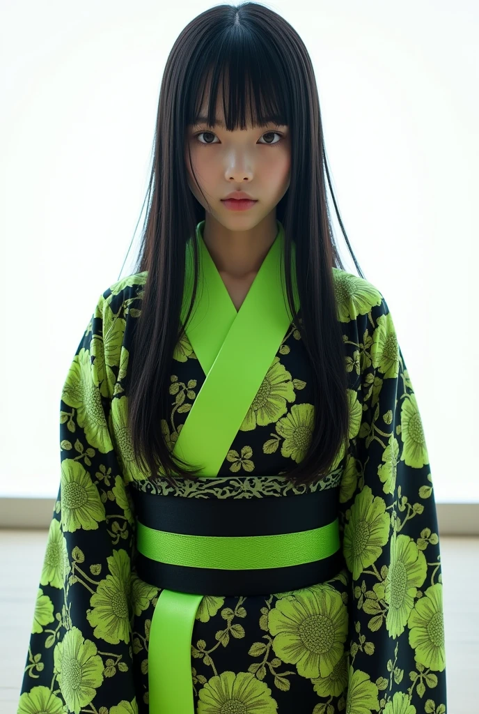 Japanese teenage girl in domination black and highlighter green kimono, chest length hair flowing straight down, ultra hd, 4k, very realistic, body pose straight in front of camera, bright white background, waist angle,clothes with skulls and camellias on them