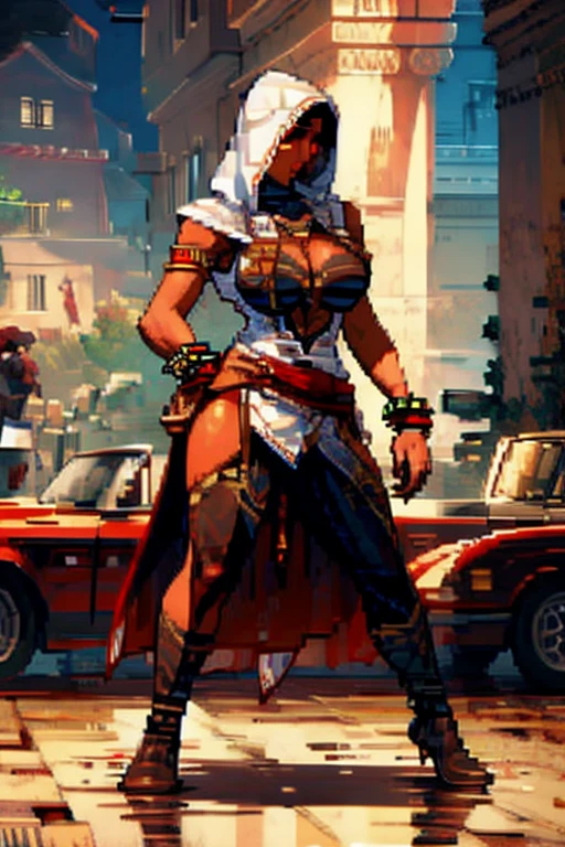 The woman, Altaïr's suit boots to the knee, Bracelets on the legs, socks, stockings, Jerusalem in the background, ((evening, night)), very detailed, Realistic long-term photography., 4k, short hair, brown hair,(((hood, hood)), ((shocks, garagantilla)),bracelet, sexy, dark skin, brown eyes, big breasts, big breasts