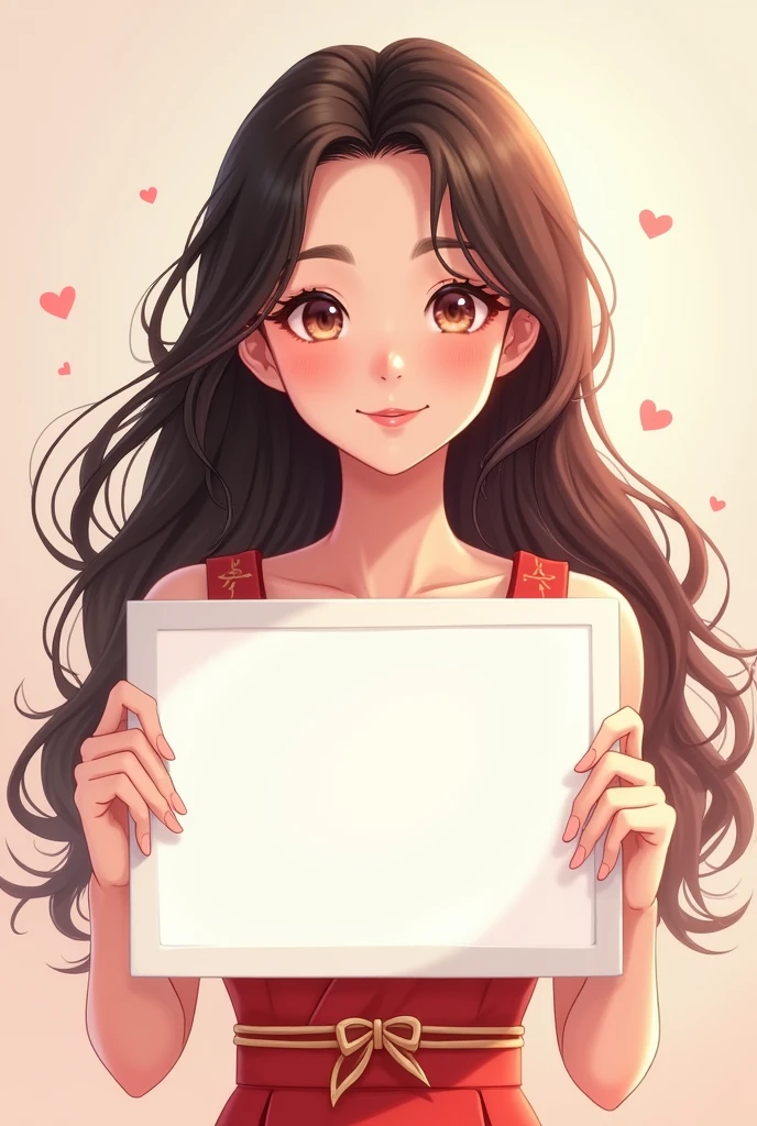 Beautiful girl with wavy long hair, asia dress, big smile, holding a white board with text "I Love Aye Min Htet very much" and showing it to the viewer