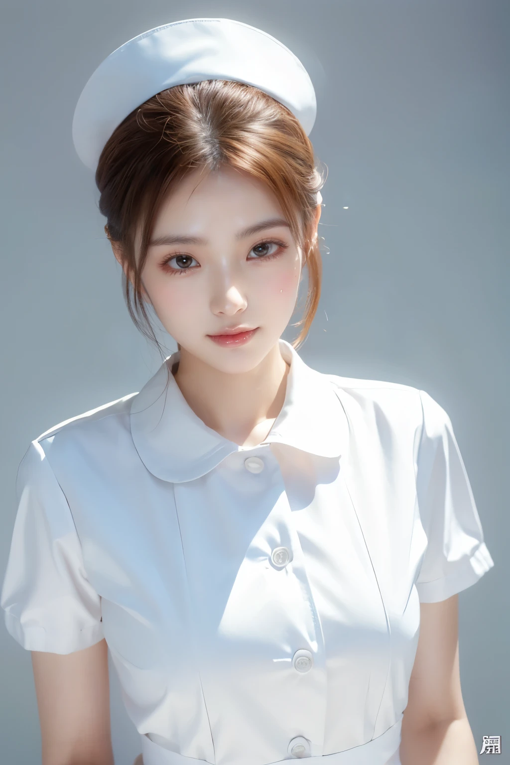 (Tabletop、highest quality、32k、Award-winning works、Ultra-high resolution)、(One beautiful nurse:1.1)、(The perfect white nurse uniform:1.1),Chignon,Shiny, beautiful hair,Accurate anatomy,(Strongly blurred white background:1.1),(very bright white lighting:1.1)、(Close-up of face:1.3),Perfect beautiful makeup,Spectacular Cinema Lighting、Tyndall effect,(standing elegantly:1.1),(Shining white skin:1.1)、Shiny beautiful skin、Radiant Skin,