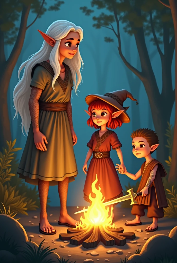 tall elf with white hair and brown eyes, with peasant clothes next to a little elf girl with short red hair and bangs, golden eyes and pointy ears, wearing a mushroom hat, clerical robes with details, Standing beside them was a muscular human wizard with long, white hair, wielding a magical sword. Next to him stood a bald human monk boy with tattoos on his arms., I want the four of them eating around a bonfire