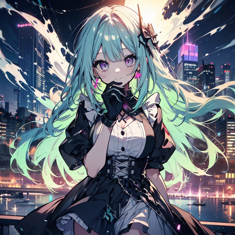 1 person、Mature、Ample breasts、Long Hair、Curly Hair、Mint green hair、Light purple hair、Light blue hair、Mixed color hair、Pink Eyes、Trimmed bangs、Hime cut、Maid clothes、Armament、Goth、Miniskirt、A seductive smile、Battle Scenes、explosion、Blood splatter、City of night、Downtown、Black costume、Downtown、Night view、sit、High resolution、Highest quality
