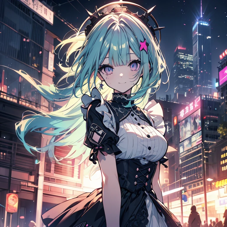 1 person、Mature、Ample breasts、Long Hair、Curly Hair、Mint green hair、Light purple hair、Light blue hair、Mixed color hair、Pink Eyes、Trimmed bangs、Hime cut、Maid clothes、Armament、Goth、Miniskirt、A seductive smile、Battle Scenes、explosion、Blood splatter、City of night、Downtown、Black costume、Downtown、Night view、sit、High resolution、Highest quality