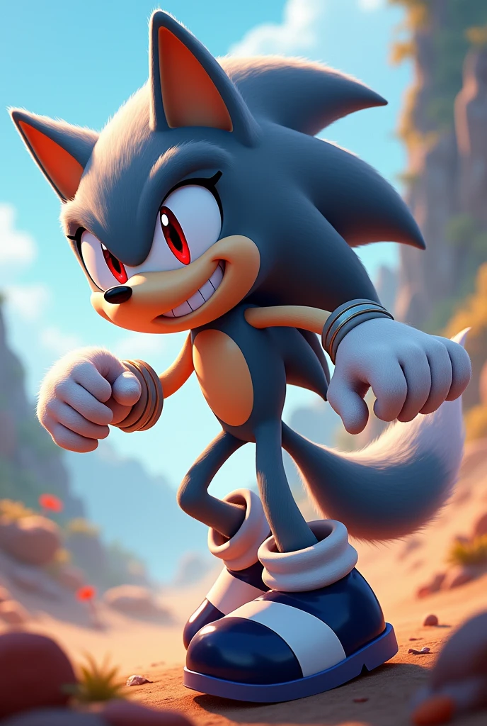 a grey wolf character in the style of Sonic the Hedgehog,Red eyes, white gloves, dark blue and white boots, smiling,y 2d
