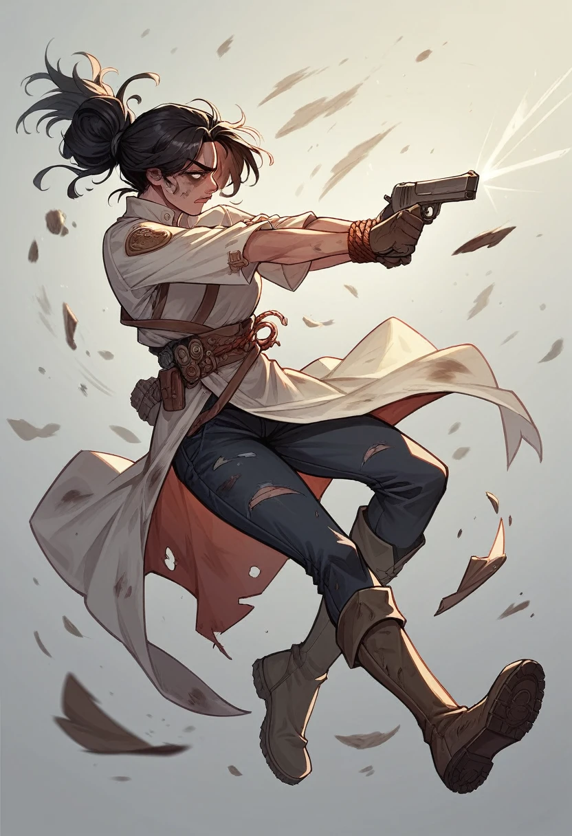 1womanl, KOREAN, messy black hair tied up, shooting a pistol in a confrontation, She is wearing clothes suitable for armed conflict, has dirty boots, 28 year old female, rosto angelical.