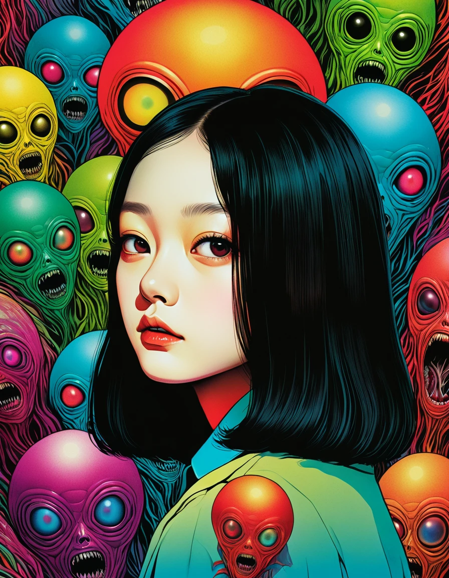 An illustration、art、70s horror movie posters, Supervised by Junji Ito、High detail, Realistic Shadows、Analog Style, chromatic aberration, Surrealism、Complementary Gradient、alien