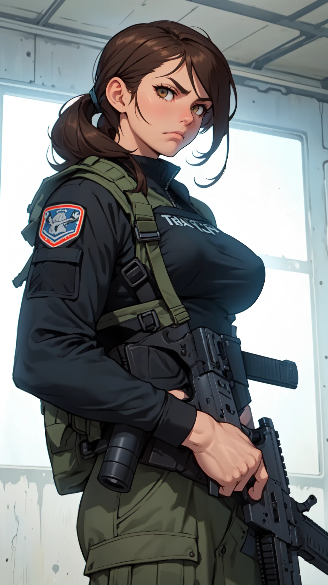 brown hair hazel eyes solo muscular girl toned body perky breasts confident expression confident expression confident expression thick pale skin shooting range weapon gun firearm tactical gear shooting range weapon gun firearm tactical gear shooting range weapon gun firearm tactical gear 