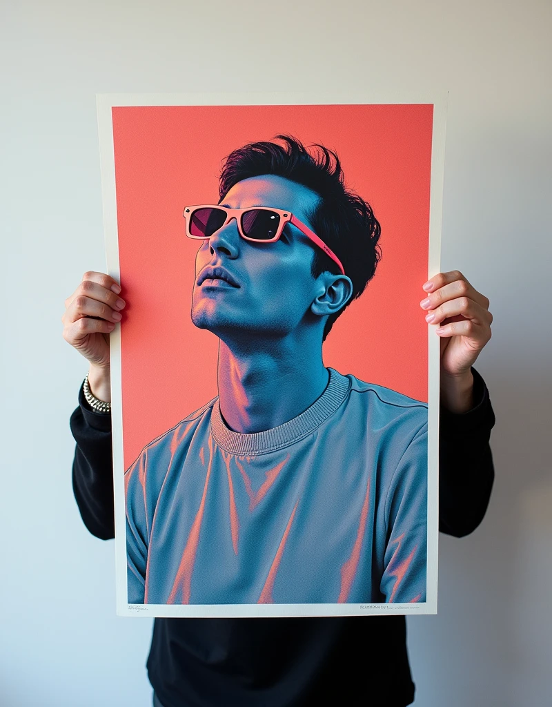 a person holding a poster in front of a wall, screen print poster, graphic design poster, behance contest winner, printed poster, featured in pictoplasma, poster art, silk screen print, silkscreen print,  blacklight poster, ffffound, superflat pop, color grade, sharp focus, against a white background,  kodak portra 100, canon EOS D, DOF.