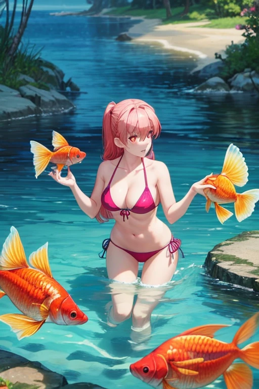 A busty girl in a bikini on a beach submerged in the water, observing a beautiful goldfish