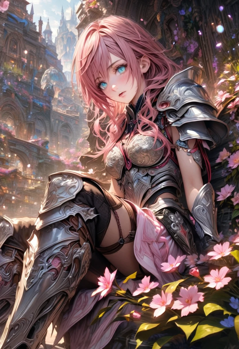 Ultra detailed, highres, absurdres, HDR, master piece, Claire Farron, wavy pink short hair, expressive pale aqua eyes, silver armor, silver and black gloves, Valkyrie armor, plate armor, Lightning Farron, silver armor boots, Final Fantasy XIII-2, pink flowers, white feathers, fireflies, woman sitting, solo, extremely beautiful, very detailed face and eyes, best quality, fantasy, magical, realistic face, fantasy city,