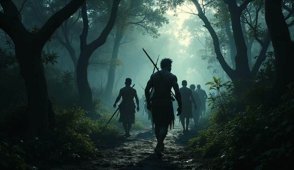 Depict a dark and intense scene set in the deep, untamed heart of Africa during the late 1790s. A group of fierce African warriors, dressed in traditional tribal attire, march through the dense, shadowy jungle, led by the most formidable warrior of the Shagua tribe. The lead warrior, towering and muscular, exudes an aura of fearlessness and determination. The jungle is thick with twisted trees and underbrush, creating a labyrinthine path that the warriors navigate with ease. The atmosphere is tense, with the sounds of the wild echoing through the foliage as the group advances deeper into the unknown. The sky above is dark and foreboding, casting an eerie glow on the scene.