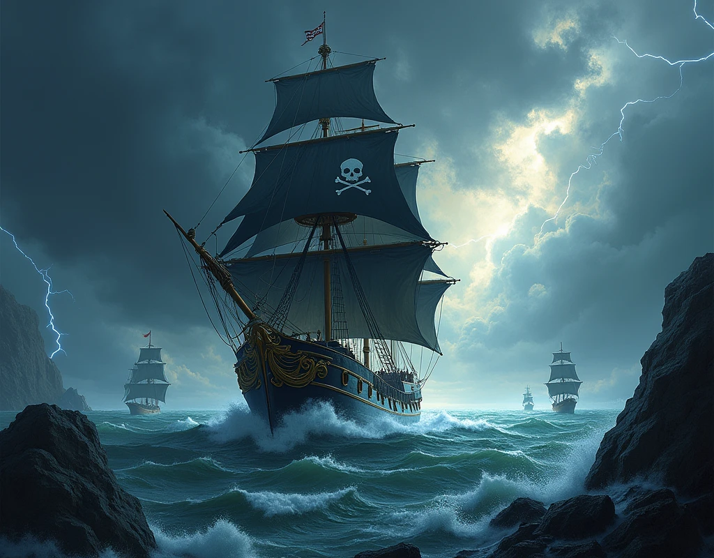 Create an epic digital painting of a massive pirate ship navigating through a stormy sea. The ship has black sails emblazoned with a menacing skull and crossbones, and it's surrounded by dark, turbulent waves crashing against its sides. The sky is filled with ominous clouds, with streaks of lightning illuminating the scene, casting a dramatic light over the ship. The ship's golden accents and intricate details are visible, with cannons ready for battle. The background features jagged rocks and other distant ships, contributing to the intense and adventurous atmosphere of the scene.