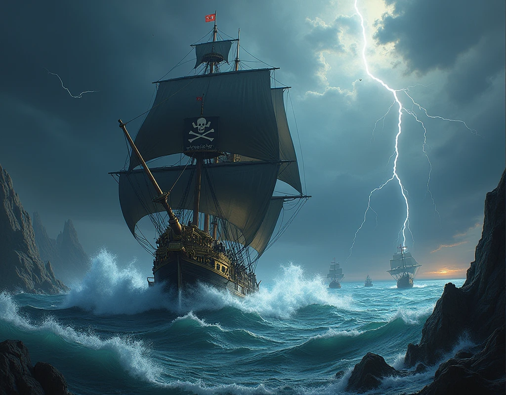 Create an epic digital painting of a massive pirate ship navigating through a stormy sea. The ship has black sails emblazoned with a menacing skull and crossbones, and it's surrounded by dark, turbulent waves crashing against its sides. The sky is filled with ominous clouds, with streaks of lightning illuminating the scene, casting a dramatic light over the ship. The ship's golden accents and intricate details are visible, with cannons ready for battle. The background features jagged rocks and other distant ships, contributing to the intense and adventurous atmosphere of the scene.
