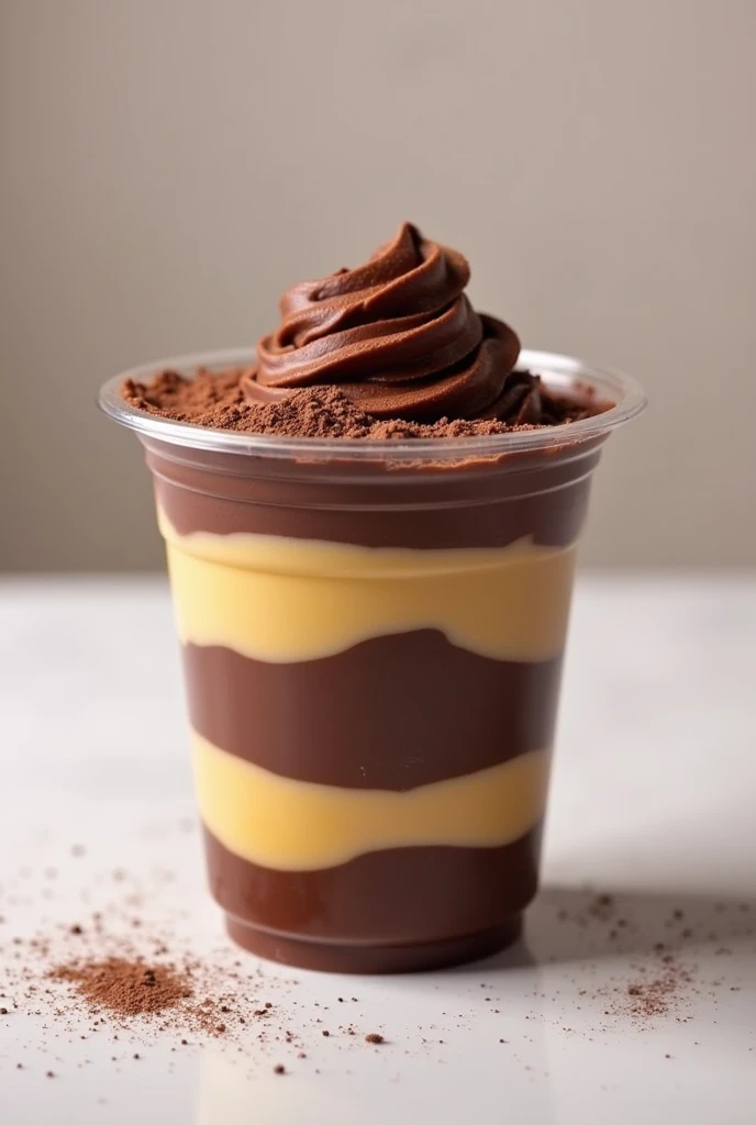 Chocolate dessert in a plastic cup with dulce de leche cream and dusted with chocolate