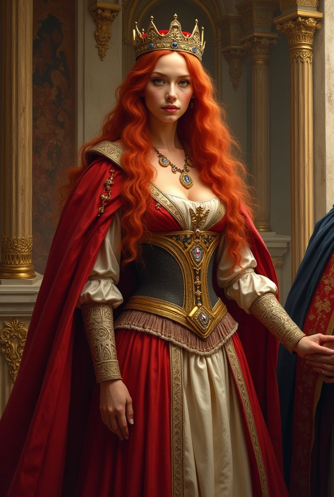 Create an image for a medieval book titled Queen of the Four Kingdoms.
She has red hair, put the king by your side. 