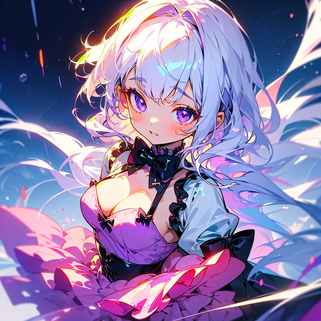 ((solo_1.2)),cute little (1girl_1.3 , ,child),white hair ,long hair .upperbody ,purple eyes ,dress ,(medium breasts ,cleavage ,bow tie ,hands