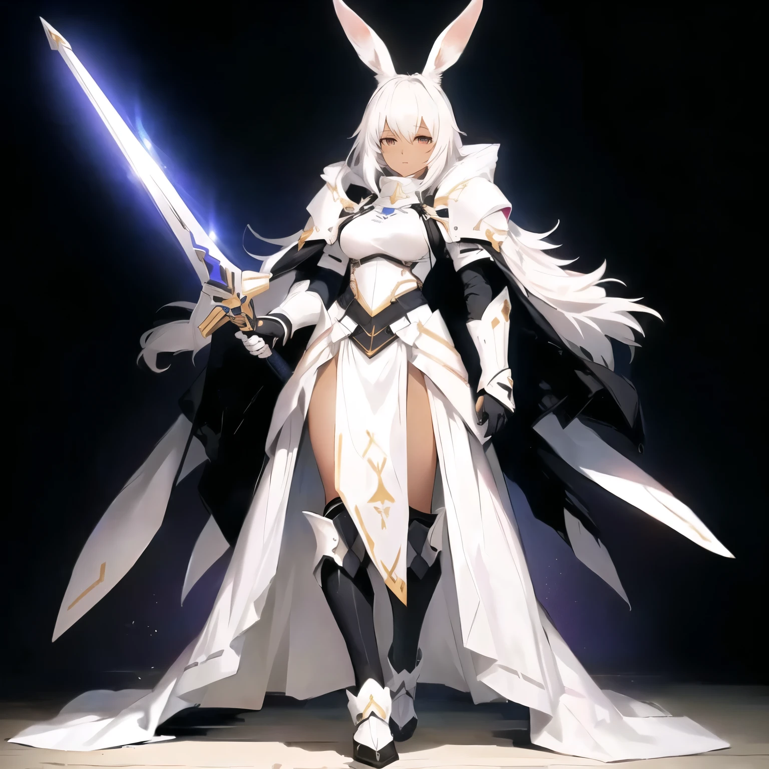 anime character dressed in white with rabbit ears holding a sword, from arknights, rabbit warrior, rabbt_character, official character art, arknights, ( ( character concept art ) ), anime character art, glossy white armor, white armor, cushart krenz key art feminine, best anime character design, female anime character, great character design, dark skin