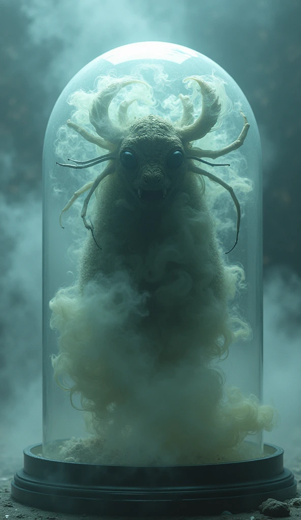 fantasy, a mysterious bug face in a glass sphere, created by mystical and mysterious mist, skin made by fog, (best quality,4k,8k,highres,masterpiece:1.2),ultra-detailed,(realistic,photorealistic,photo-realistic:1.37),hyperrealistic, intricate details, cinematic lighting, dramatic atmosphere, ethereal, mystical, fantasy, concept art