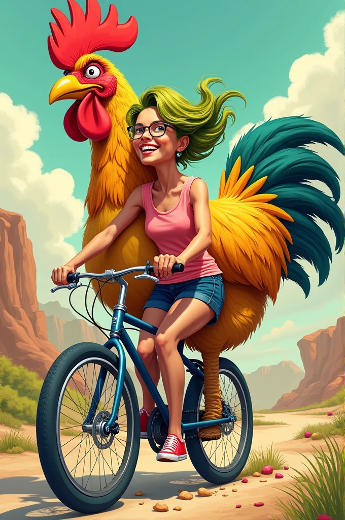 Olive Hair Woman Riding Bicycle Beside Rooster Drawing Inspired Rudy Siswanto Cartoon 3 D Crazy Expression Award Winning Drawing