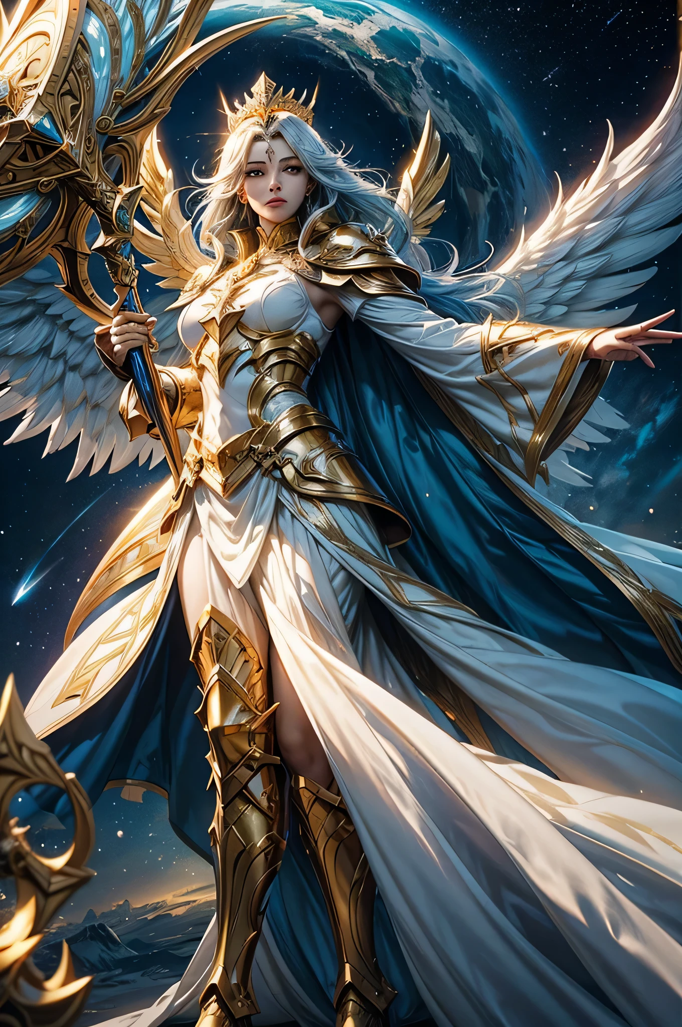 Create an image of a Celestial Guardian hero from Mobile Legends. The character should be tall and imposing, wearing gold-plated armor that emits a soft, celestial light. They have large, angelic wings made of pure energy, shimmering with blue and white hues. The hero wields a massive, glowing sword in one hand and a shield with a celestial emblem in the other. Their helmet is adorned with a crown-like structure that radiates light, and their eyes shine with a divine glow. The background should be an ethereal, heavenly landscape with floating islands, glowing pillars of light, and a sky full of twinkling stars