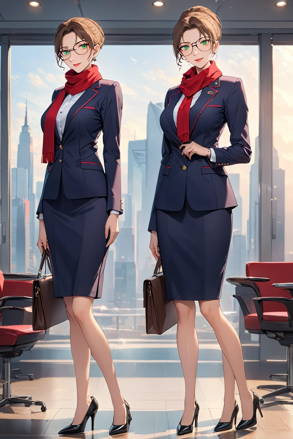 (Extremely detailed, best quality, high resolution, individual,masterpiece:1.4), Two beautiful flight attendants stand side by side,Anya Ivanova, Tall and thin, Long brown hair, wearing glasses ,Warmth and confidence, Provocative Red Velvet, Matching blazer, Short pencil skirt,Black high heels, Scarves, Side cover, Stay calm、Professionalism, A welcoming smile, Slender,Bright green eyes