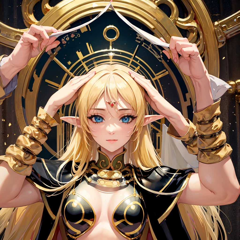 ((Highest quality)), ((masterpiece)), (detailed), (Perfect Face)、The woman is a High Elf in Deidrid, wearing a revealing long black slit dress with luxurious gold embroidery and trim, adorned with accessories.、The woman is an offering to the Dark God, being sacrificed on the altar of darkness.、He is not wearing armor.、Captive