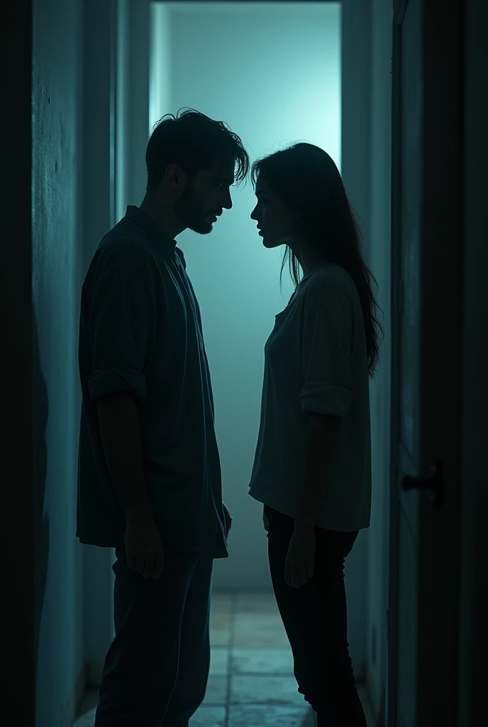  The scene takes place at night, with shadows and lights projected on the walls. Convey tension and drama as the two characters face the truth.