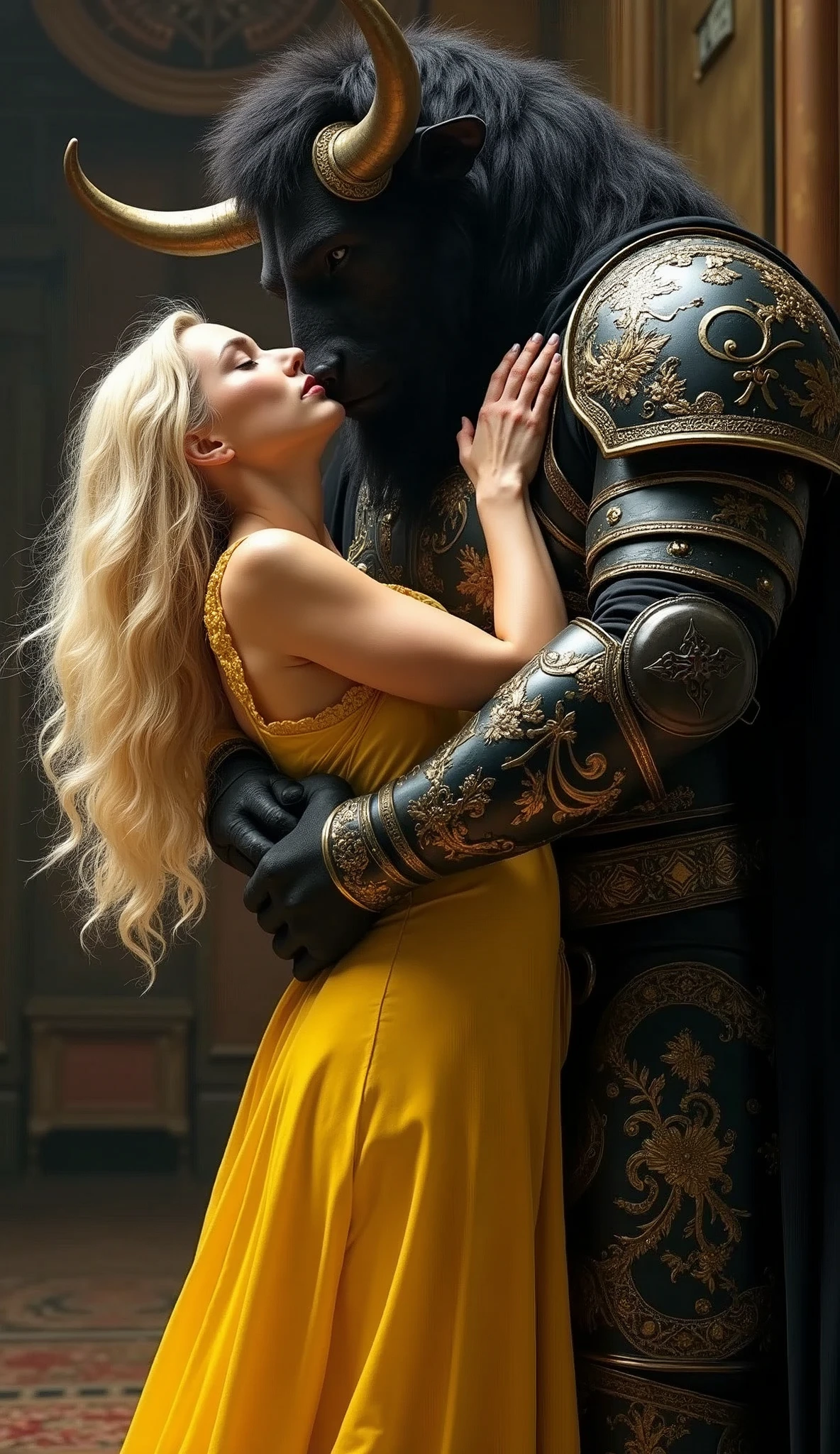 There's a large black-furred muscular male minotaur wearing gloss black renaissance armor:1.4, engraved with gold etching, a beautiful blonde woman is standing wearing a yellow buxom gown, he is standing behind her reaching around to hold her, she is moaning in extasy