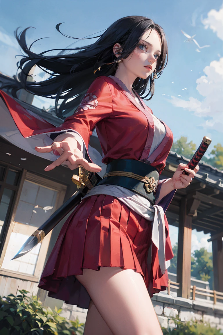 masterpiece, Best Quality, absurderes, Perfect Anatomy, Unity 8k Wallpapers,best anime,dynamic angle、action pose:chop、cowboy shot,20 year old beauty、boa hancock,black hair,long hair, ,slender body,large breasts,Turn your body to the viewer、waitress,Japanese clothing、Red pleated mini skirt、１Hold a real Japanese sword with both hands、A Japanese sword drawn with precision and accuracy、Fight with a single Japanese sword、outdoor、wilderness、