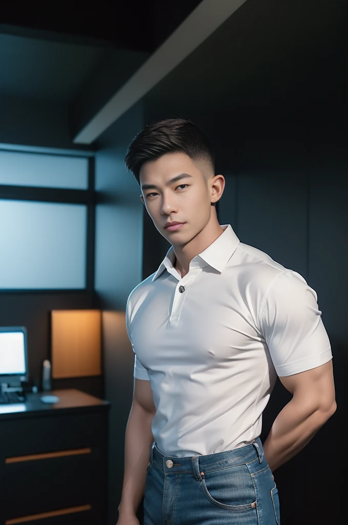 (armface:1.3) , Handsome young man standing, (have a mustache:0.8) , (short hair:1.2), The forearms are muscular., (Collared shirt with buttons:1.2), (white shirt:1.2),Jeans, Big muscles, Handsome and muscular, full body angle, (office:1.5), , (nighttime:1.3), Neon lights