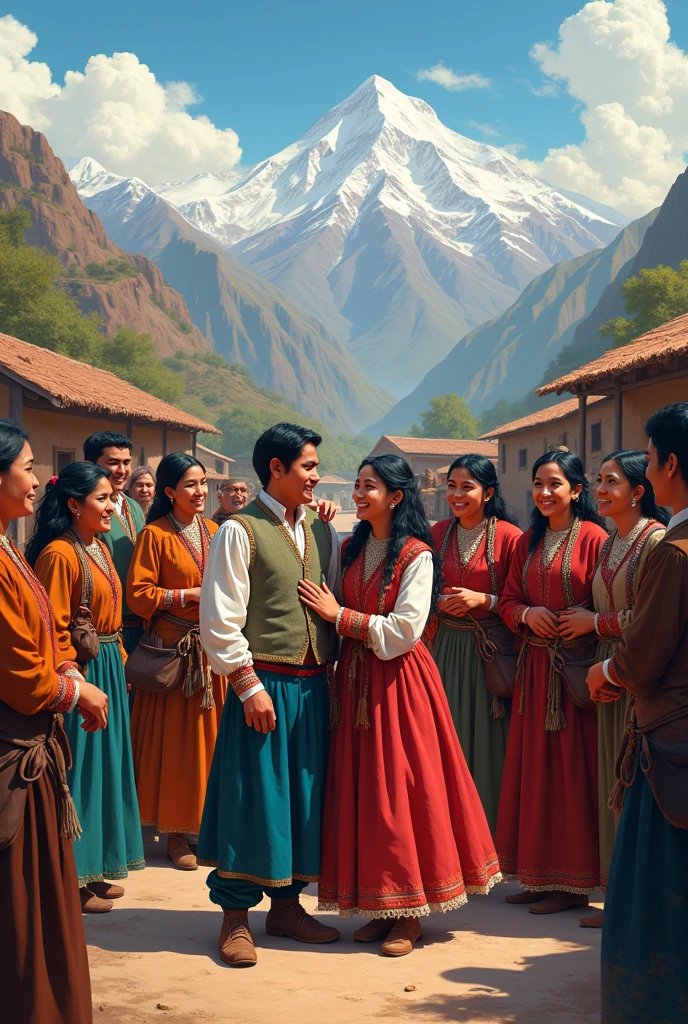 Make an image of the happy villagers and a couple because they offered them help. Peruvian Sierra 1890