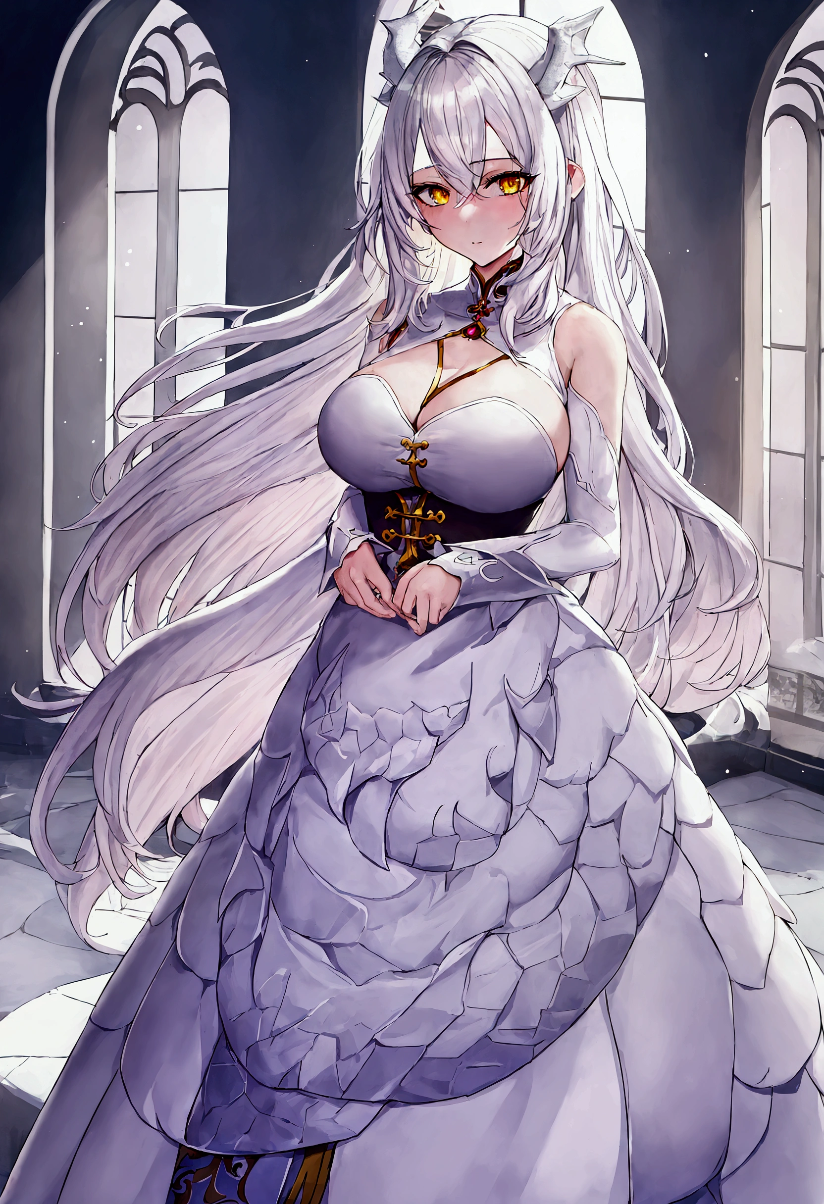 ((best quality))((Masterpiece))((Anime details))1  girl, My hair is as white as moonlight., yellow eyes, Almost white skin, Cute and bright face, White dragon tail, Dragon Mountain, Winter clothes, long skirt, perfect body, big breasts