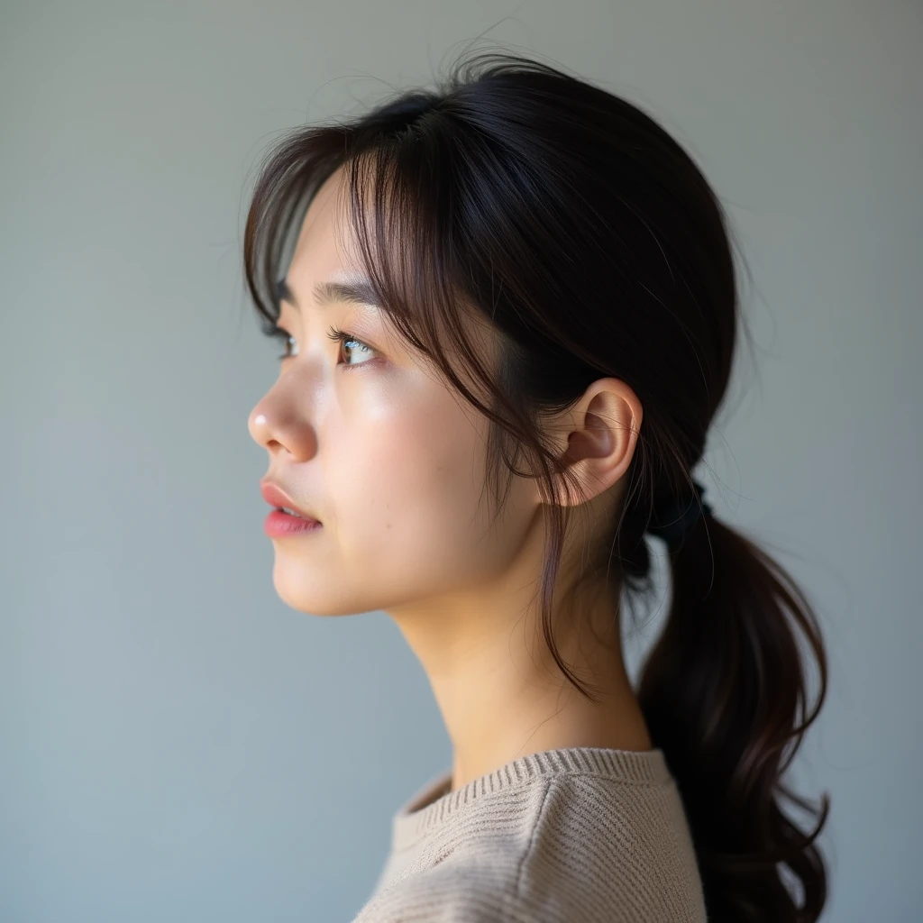 On a grey background Dark brown hair color20Profile of a Japanese woman in her late 20s