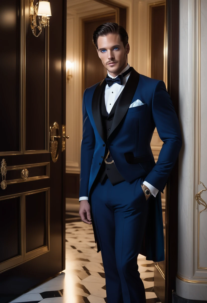  A 34 year old man, dark haired, short, blue eyes and beautiful like Chris Wood in front of the door of a luxurious hall, with a jewelry box in hand, wearing a tuxedo 