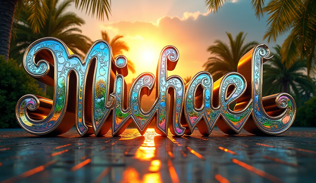 front lit, (text:"Michael") The word, in Art Nouveau fancy script text letters made of shiny highly polished silver chrome and multicoloured glass patterns, shiny reflection of a tropical garden, direct front lit by very bright sun, epic heavy metal art nouveau flowing shapes and flourishes, front face view on open sky background, album cover 70s band logo, highlights, lens flare, logo, badge, emblem, insignia, label, photorealistic, extremely detailed, beautiful, unique, epic, cinematic, sparkling,
