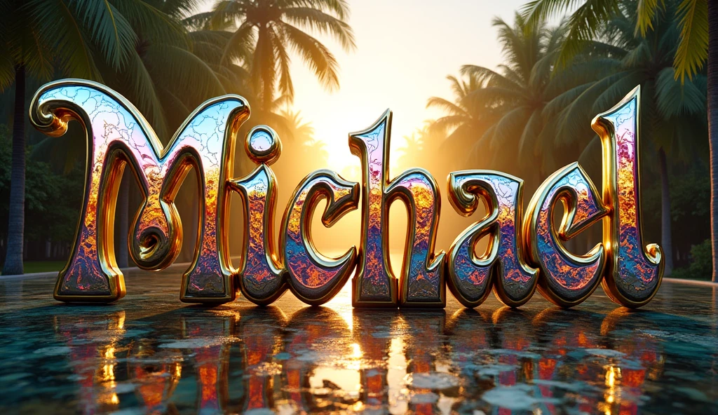 front lit, (text:"Michael") The word, in Art Nouveau fancy script text letters made of shiny highly polished silver chrome and multicoloured glass patterns, shiny reflection of a tropical garden, direct front lit by very bright sun, epic heavy metal art nouveau flowing shapes and flourishes, front face view on open sky background, album cover 70s band logo, highlights, lens flare, logo, badge, emblem, insignia, label, photorealistic, extremely detailed, beautiful, unique, epic, cinematic, sparkling,