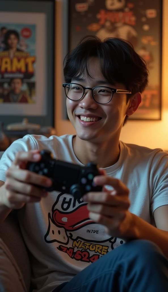 photorealistic, best quality, masterpiece, extremely detailed, ((side view)), 30 year old thai man, no facial hair, glasses, wearing 8bit graphic tshirt, holds out a video game console controller  in one hand sideways towards camera, gentle smile, sitting on couch, in masculine bedroom, movie posters on the wall, extremely romantic atmosphere, perfect face, perfect fingers, perfect hands, perfection