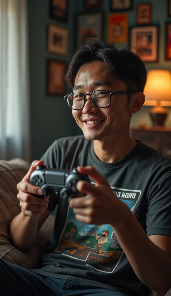 photorealistic, best quality, masterpiece, extremely detailed, ((side view)), 30 year old thai man, no facial hair, glasses, wearing 8bit graphic tshirt, holds out a video game console controller in one hand sideways towards camera, gentle smile, sitting on couch, in masculine bedroom, movie posters on the wall, extremely romantic atmosphere, perfect face, perfect fingers, perfect hands, perfection