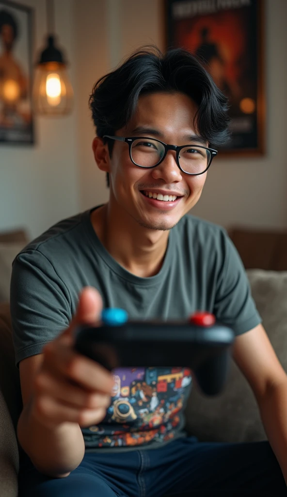 photorealistic, best quality, masterpiece, extremely detailed, ((side view)), 30 year old thai man, no facial hair, glasses, wearing 8bit graphic tshirt, holds out a video game console controller in one hand sideways towards camera, gentle smile, sitting on couch, in masculine bedroom, movie posters on the wall, extremely romantic atmosphere, perfect face, perfect fingers, perfect hands, perfection