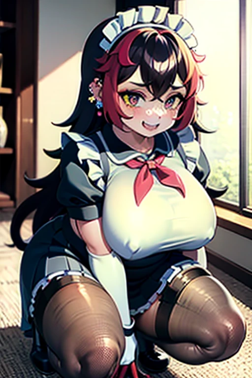 painted smoky makeup, eye shadow, maid girl, silky hair, Wearing hair accessories or earrings, cute smile. she was wearing a maid skirt, white stockings on her legs, and lace gloves. She squatted down and spread her legs. Scenes are random.