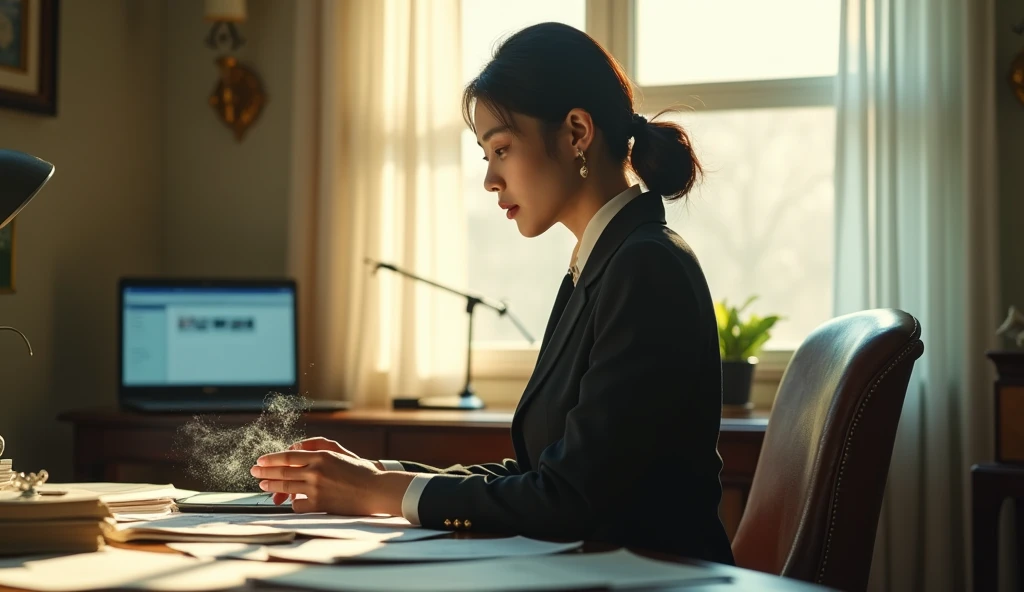 woman in a suit using a tablet computer in a room, working, sun yunjoo, still from a live action movie, park shin hye as a super villain, full device, using a magical tablet, iu lee ji-eun as a super villain, profile pose, [ realistic photo ]!!, shin min jeong, serious business, lazy, elegant look, The girl was sitting gloomily at the table working, on the table there were many documents,