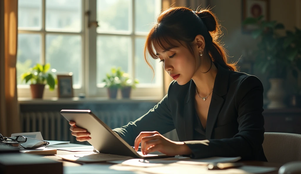 woman in a suit using a tablet computer in a room, working, sun yunjoo, still from a live action movie, park shin hye as a super villain, full device, using a magical tablet, iu lee ji-eun as a super villain, profile pose, [ realistic photo ]!!, shin min jeong, serious business, lazy, elegant look, The girl was sitting gloomily at the table working, on the table there were many documents,