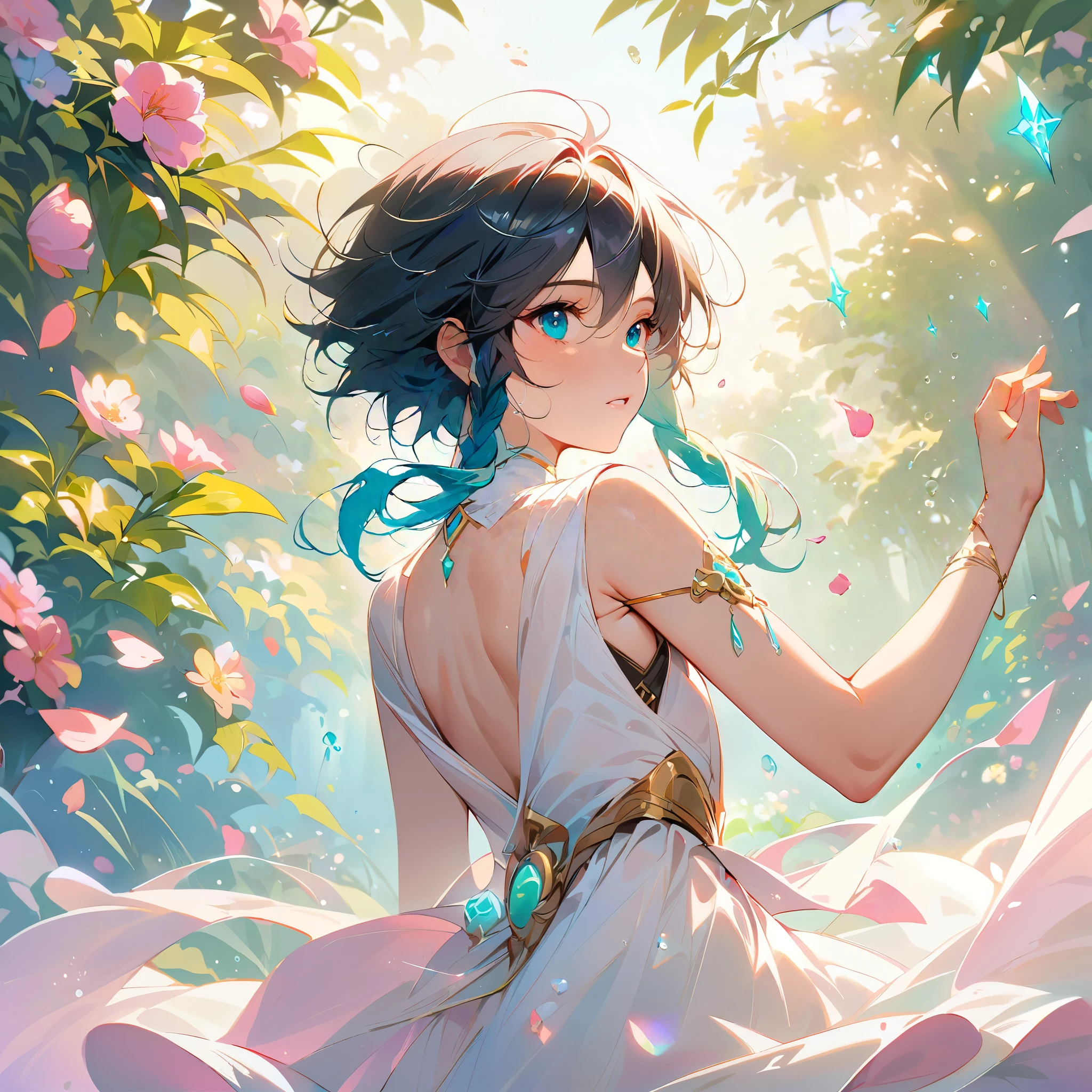 (best quality,4k,8k,highres,masterpiece:1.2),1boy,venti genshin impact,flat chest,ultra-detailed,realistic,plain loose all-white sleeveless toga robe,morning of spring,sunlight reflection,body details,delicate strings,vibrant color palette,elegant curves,polished surface,delicate engravings,effects of light and shadow,subtle reflections,shimmering surface,sparkling gemstones,flower petals falling,transparent springtime essence,ethereal atmosphere,peaceful garden background,serene ambiance,morning dew,soft sunlight filtering through trees,lush plants,vividly colored blossoms,harmonious blend of nature and art,impeccable craftsmanship,transcendent beauty,awe-inspiring artwork,